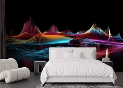 Car audio installation service concept with auto vehicle surrounded by music and sound waves equalizer Wall mural