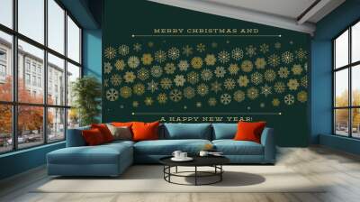 Christmas card with strip of gold and silver snowflakes with Merry Christmas and Happy New Year holiday greetings. Wall mural