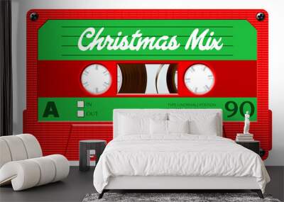 Christmas mix cassette for retro themed holiday party invitation or mix cover. Winter greetings tape with 80s style and Christmas colors Wall mural