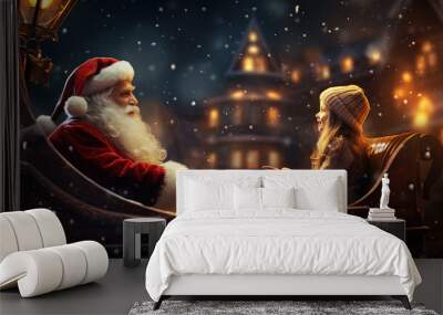 Christmas scene with Santa Claus and girl talking. Winter holiday magic riding with Santa. Wall mural