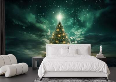 Christmas tree with garlands and Xmas toys. Outdoor scene of winter holidays celebration symbol Wall mural