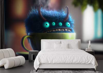 Coffee monster with crazy eyes. Cute character with caffeine energy, very excited. Generated AI. Wall mural