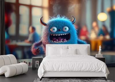 Coffee monster with crazy eyes. Cute character with caffeine energy, very excited. Generated AI. Wall mural