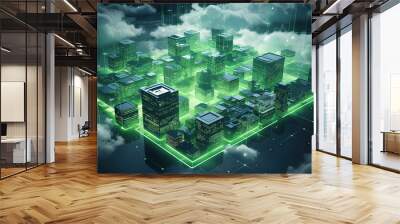 Concept of a digital city with cloud connections. Futuristic network in the clouds. Wall mural