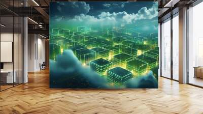 Concept of a digital city with cloud connections. Futuristic network in the clouds. Wall mural