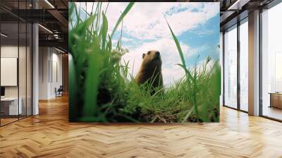 Curious hamster rodent looking from the grass at summer day. Wall mural