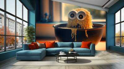 Funny monster spaghetti. Cute pasta, noodle or ramen character with crazy funny face. Wall mural