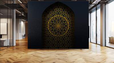 Golden arabic ornament on the black wall with islamic door. 3D illustration Wall mural