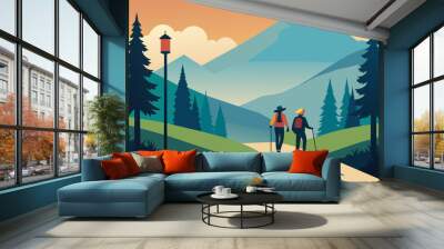 Hiking adventure scene in flat style. Hiker traveling on the wild landscape, with mountains Wall mural