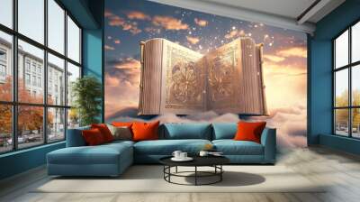 Open book with wisdow and knownedge on the pages. Education or religion concept in literature. Generated AI. Wall mural