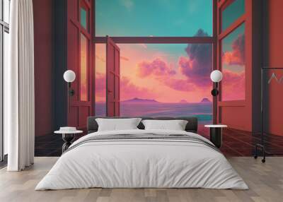 Open window with tropical landscape and ocean in y2k or vaporwave style. Pink sunrise in 90s style room, vacation calmness frame. Wall mural