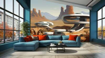 Retro futuristic architecture in sci-fi scene on the desert planet. Alien landscape with nostalgic retro future constructions Wall mural