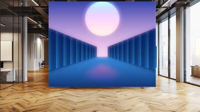 Retro futuristic digital landscape with moon and dark corridor Wall mural