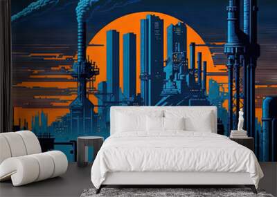 Retro game landscape in 80s style with industrial city district, neon lights and synthwave pixel graphics. Wall mural