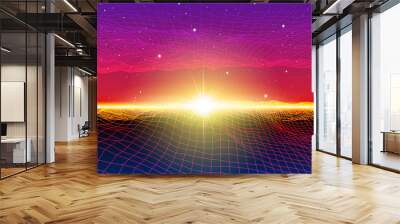 Retro neon background with 80s styled laser grid and stars Wall mural