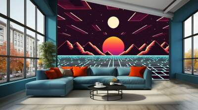 Retro styled sci-fi landscape with mountains. Retro futuristic science fiction illustration in drawing style with alien sun. Generated AI. Wall mural