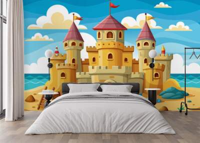 Sand castle cartoon drawing. Composition with beautiful sandy tower, on the sea shore Wall mural