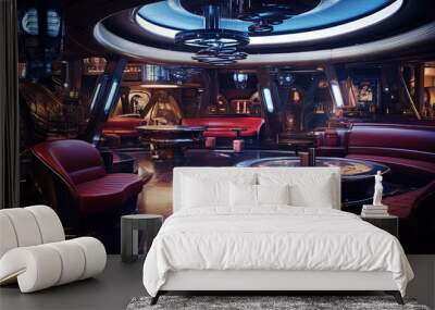 Sci-fi interior of futuristic space bar or saloon with neon cyberpunk decorations. Wall mural