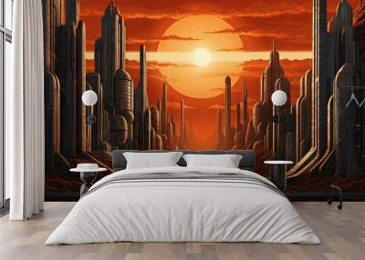 Science fiction landscape with futuristic city at orange dusk on the alien planet. Wall mural