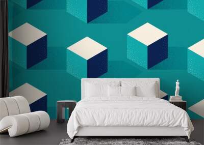 Seamless pattern with cube or box shape on green background in modern dotted texture style Wall mural