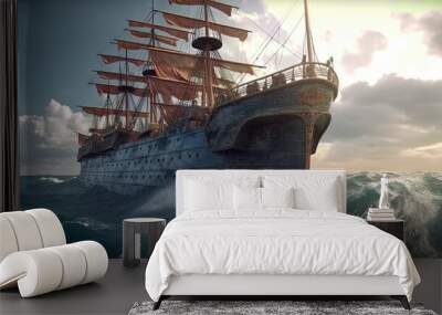 Ship in the stormy sea with huge waves. Giant stormy waves in the ocean and boat. Wall mural