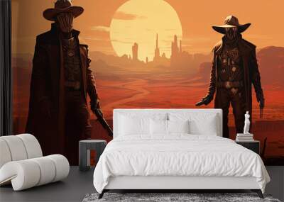 Space cowboys in sci-fi western scene. Sci-fi warriors of the wasteland Wall mural