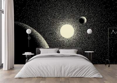 Space landscape with scenic view on planet and stars made with retro dotwork style Wall mural