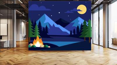 Summer night camping scene with bonfire in the forest. Lake shore with mountains Wall mural