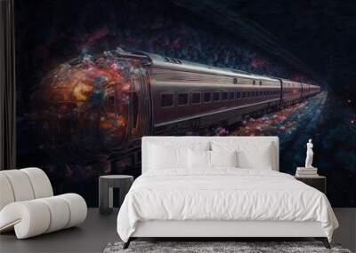 Surreal magic train in the astral space. Railway trip on the magic train with good aura. Wall mural