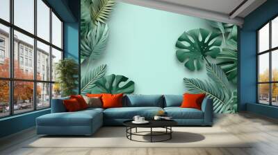 Tropical leaves frame with vibrant colors in 3D style. Wall mural