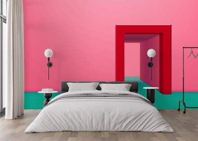 Vibrant pink room with green floor and open doorway with corridor. Abstract architecture background or invitation card backdrop. Wall mural