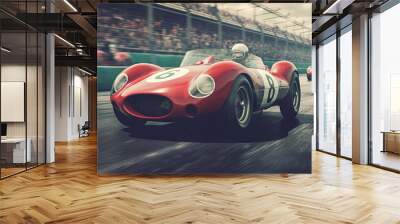 Vintage racing car on the track. Retro auto sport event, with fast classic cars Wall mural