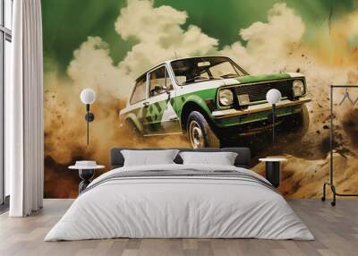 Vintage rally car splashing the dirt in retro 70s styled scene. Wall mural