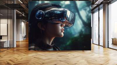 VR goggles technology concept with wearable glasses device. Virtual reality futuristic immersive experience. Generated AI. Wall mural