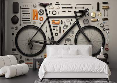 A highly detailed, deconstructed future bicycle arranged in a knolling layout, showcasing its intricate design and construction. , Generativ Ai Wall mural