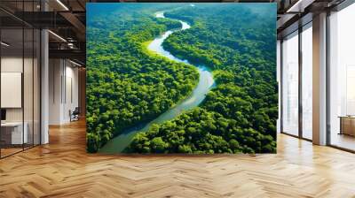 Aerial view of Amazon rainforest jungle with river . Generative AI
 Wall mural