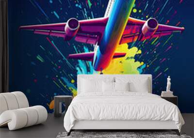 An colorful airplane painting neon effect background generative AI Wall mural