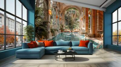 Luxurious Indoor Swimming Pool With Grand View In Hotel Wall mural