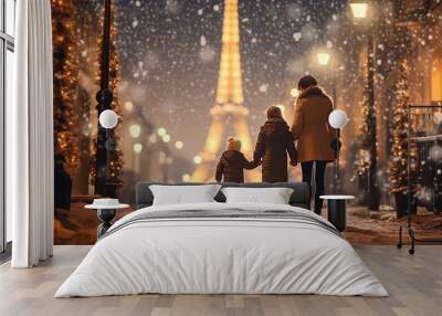 Magical Parisian scene: Mother and son and daughter enjoy festive street with Eiffel Tower backdrop Wall mural