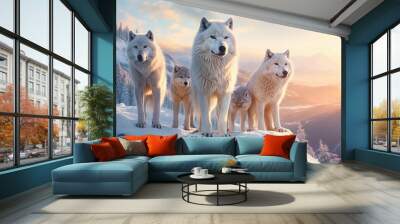 Majestic family of wolves standing on a snowy cliff, their piercing eyes reflecting the beauty and resilience of the wilderness, Generative Ai Wall mural