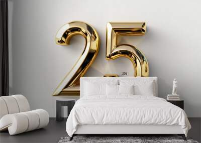 Shiny Gold Number 25 on White Background Wall mural