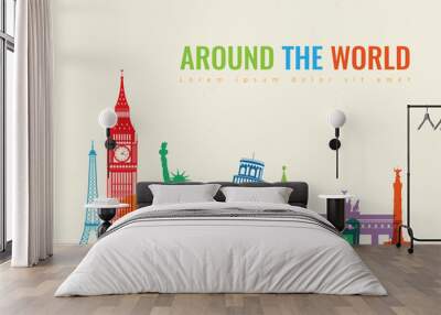 Travel composition with famous world landmarks. Travel and Tourism concept. Vector Wall mural