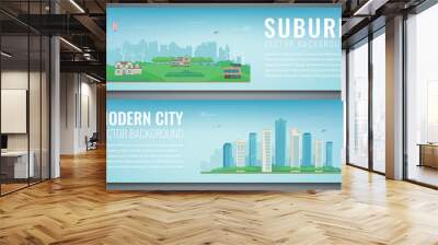 two banners with city landscape and suburban landscape. building architecture, cityscape town. vecto Wall mural