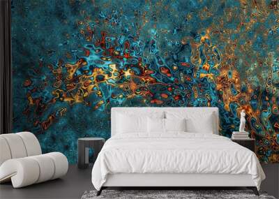 Abstract Teal & Gold Psychedelic Fractal Galaxy - a beautiful and dazzling array of liquid fractals in a mesmerizing scene. Wall mural