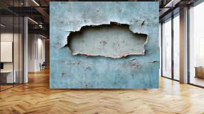 A blue wall with a large hole. This photo shows a weathered wall, perfect for design projects with a distressed or vintage aesthetic. Wall mural