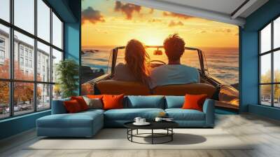 a Couple romantic in car at sunset Wall mural