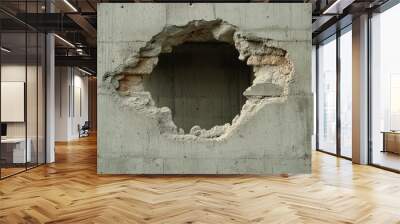 A hole in a concrete wall. This image is perfect for showcasing a sense of destruction, escape, or a broken barrier. Wall mural