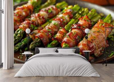 Asparagus spears wrapped in bacon. This image shows a plate of cooked asparagus spears wrapped in bacon, perfect for a healthy and delicious meal. Wall mural