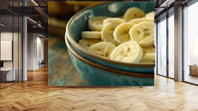 Close up shot of sliced bananas in a bowl. This image is perfect for illustrating healthy snack options, breakfast ideas, or recipes. Wall mural