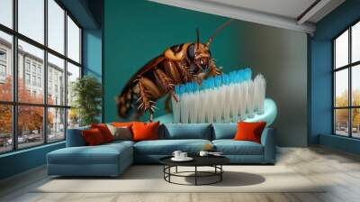 Cockroach on a toothbrush. This is a photo of a cockroach standing on a toothbrush, a visual representation of unhygienic conditions. Wall mural